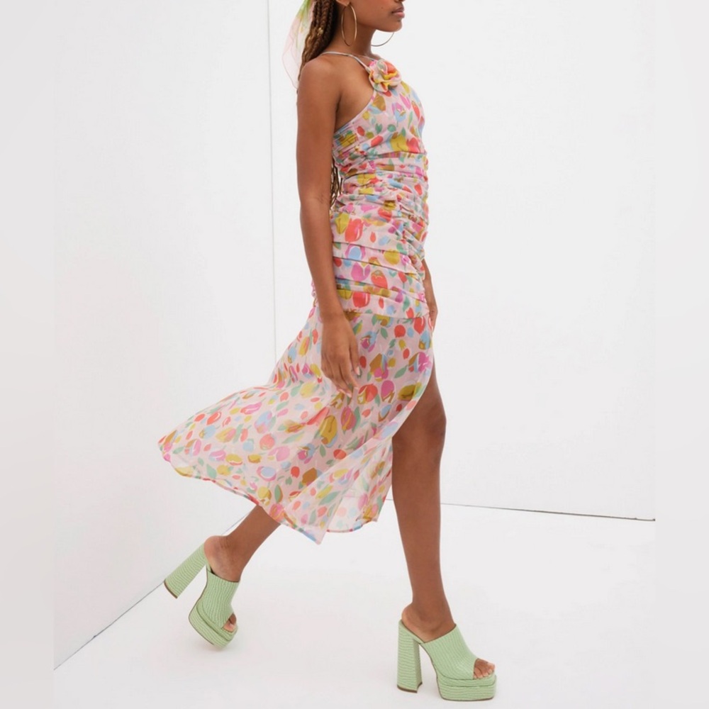 For Love & Lemons One shoulder Desmona midi maxi dress dot flowers S